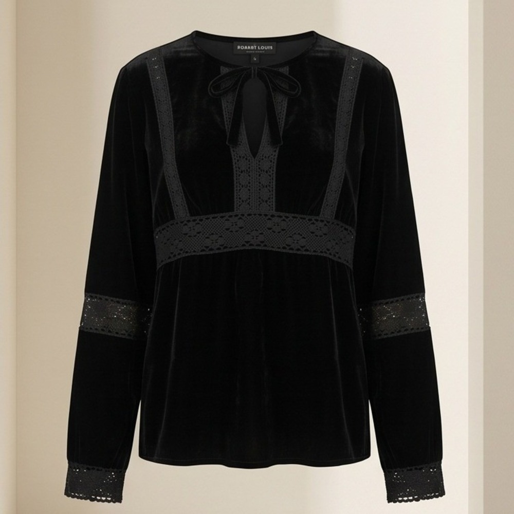 Robert Louis XL Vintage Silk Blend Velvet Lace Trim Blouse Black NWT